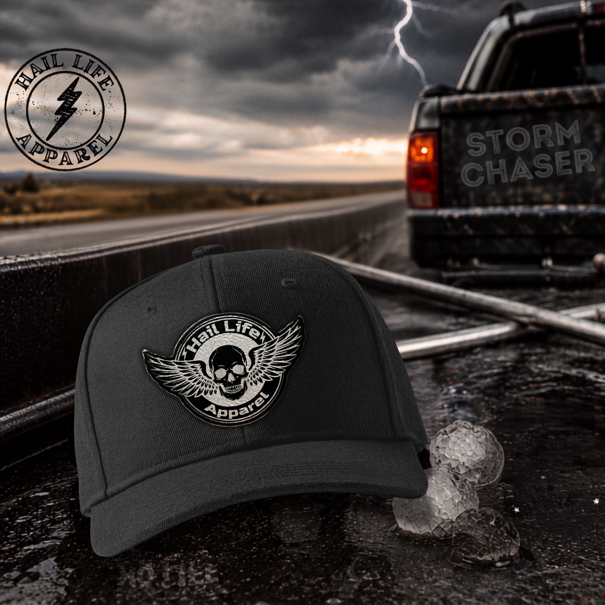 Hail Life Skull Trucker Hat — Black/Silver Leatherette Patch