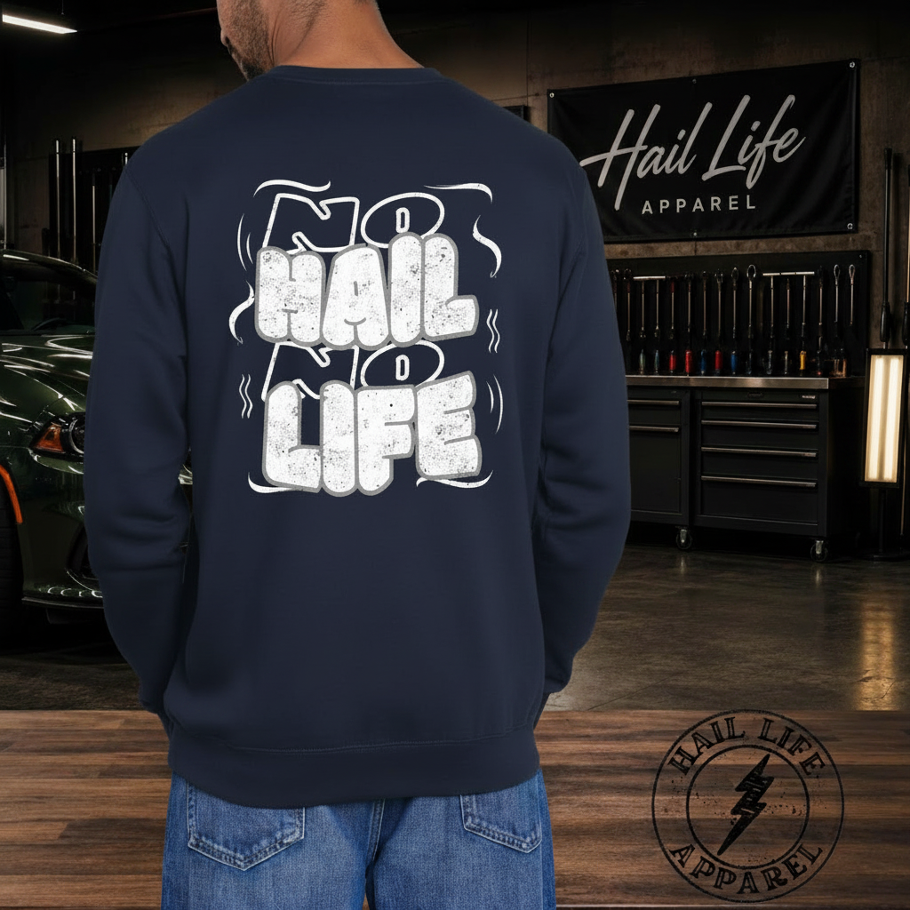 No Hail No Life Sweatshirt Navy - Back view in garage setting