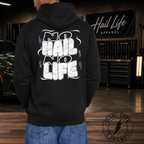 No Hail No Life Hoodie - Back view in garage setting