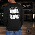 No Hail No Life Sweatshirt - Back view in garage setting